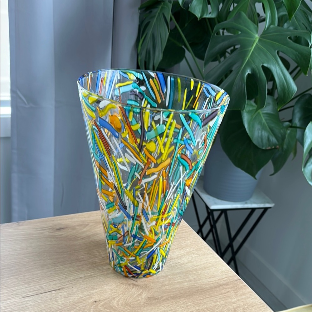 Blue and Yellow Asymmetrical Glass Art Vase